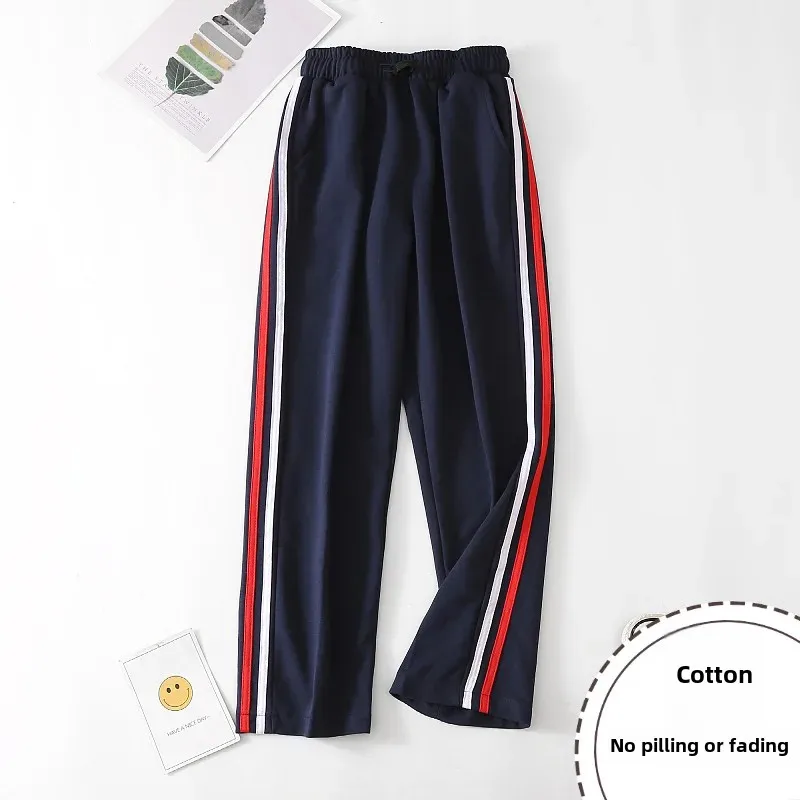 Pure Cotton Summer School Uniform Pants Thin Sporty White Edged Junior High School Students Double Bar Hidden Blue