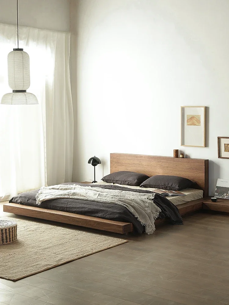 

Full solid wood bed, master bedroom, North American black walnut furniture, double king bed, floor to ceiling low bed