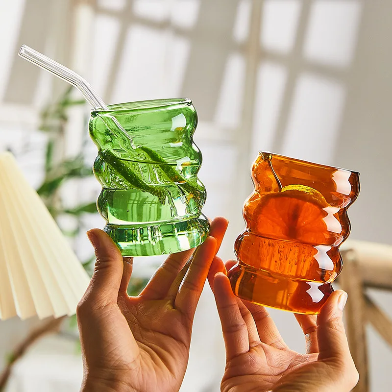Glass Cups Creative Cute Ripple Shaped Vintage Drinking Glasses Rib