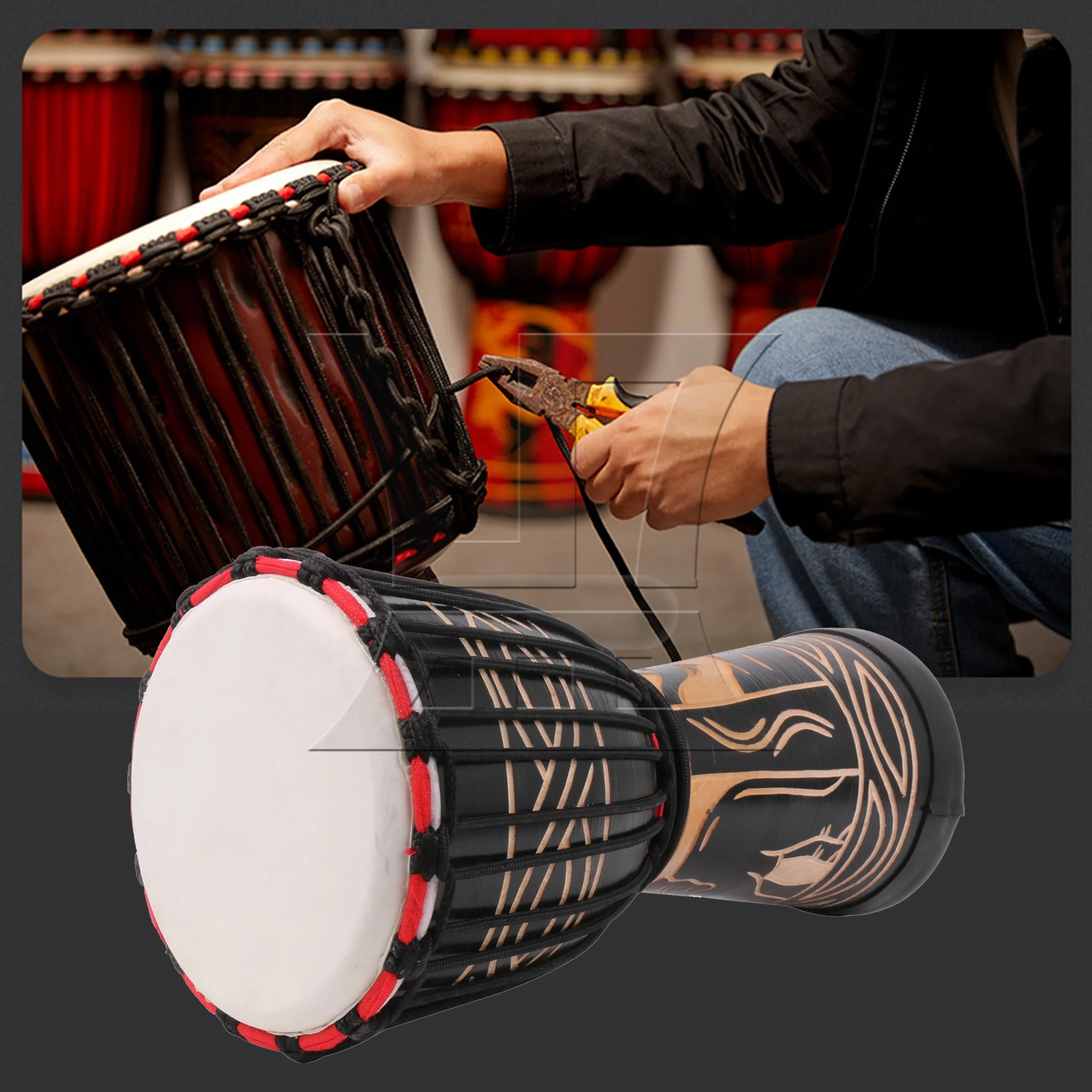 Yibuy Black Elephant Pattern Djembe Drum Percussion Instrument for Beginner 8"