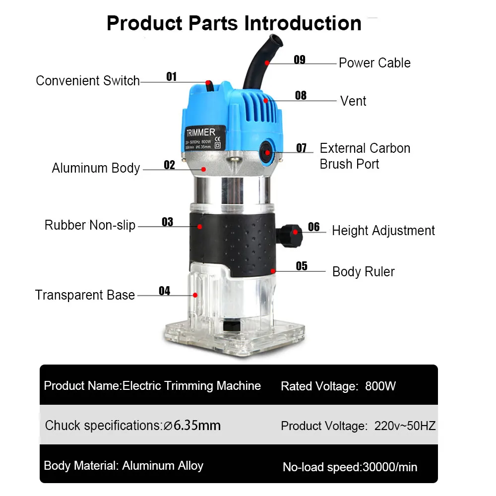 Wood Router 6/6.35/8mm 800W 30000Rpm Wood Router Tool Electric Trimmer Woodworking Machines Manual Hand Trimmer 1/4 inch Milling Cutter