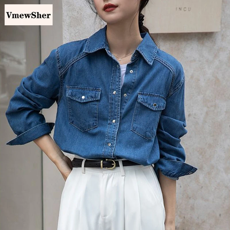 

VmewSher Spring Autumn Long Sleeve Denim Shirt for Women Single Breasted Pocket Casual Blouse Turn Down Collar Lady Jeans Shirts
