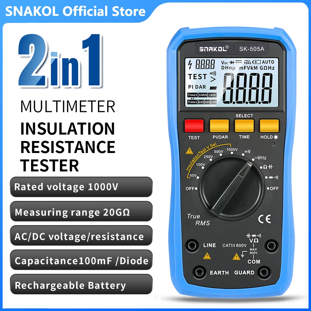 SNAKOL Insulation Resistance Tester Digital Multimeter SK505A, 2in1 1000V megohmmeter professional voltmeter ohm electrical tool
