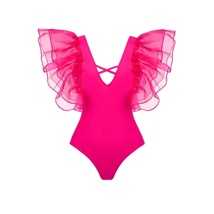 2023 Women's  Swimsuit  Mesh Ruffle Pink One Piece  Summer Beachwear Bathing Suit
