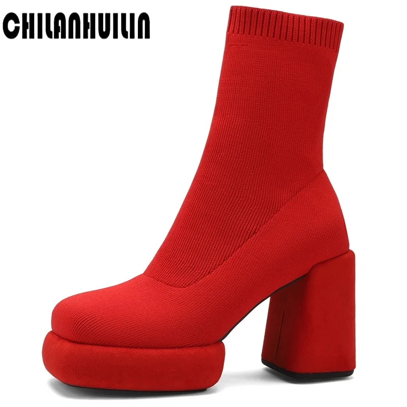 

shoes women elastic knitted socks boots woman slip on stretch fabric ankle boots autumn fashion round toe thick high heels pumps