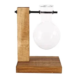Elegant Glass Planter with Wooden Stand - Decorative Hydroponic Vase (A)