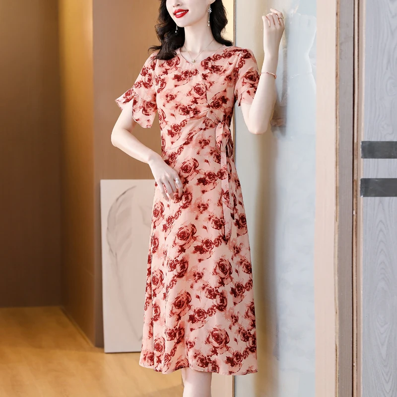 

2023 New Fashion Silk Printed Dress Women's Summer Elegant V-neck Short Sleeve Loose Fit Casual Holiday Dress Vestidos