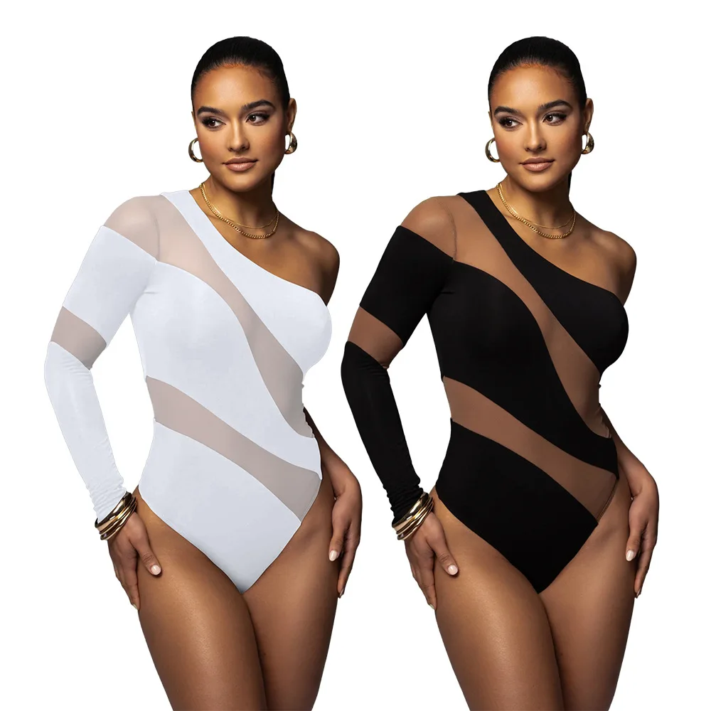 

New Sexy Diagonal Shoulder Sleeves Tight Mesh Perspective Splice Fashion Stripe Hollow One Shoulder jumpsuit for Women S-2XL