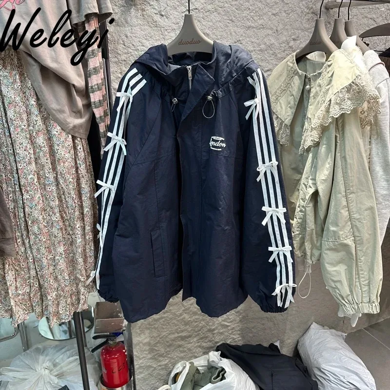 Women's Japanese Trench Coat 2024 Spring Sweet Cute Academy Style Hooded Collar Letter Three Bar Edge All Match Zipper Cardigan