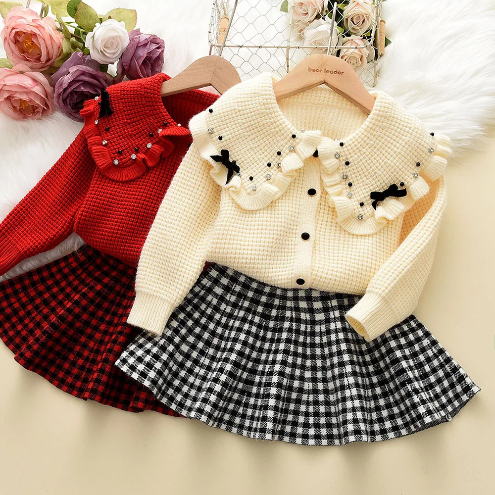 

Girls Clothes Set Sweater 2-6 Y New Autumn Winter New Lapel Cardigan +Plaid Skirt 2 Pcs Set for Christmas Baby Girl Outfit Sets