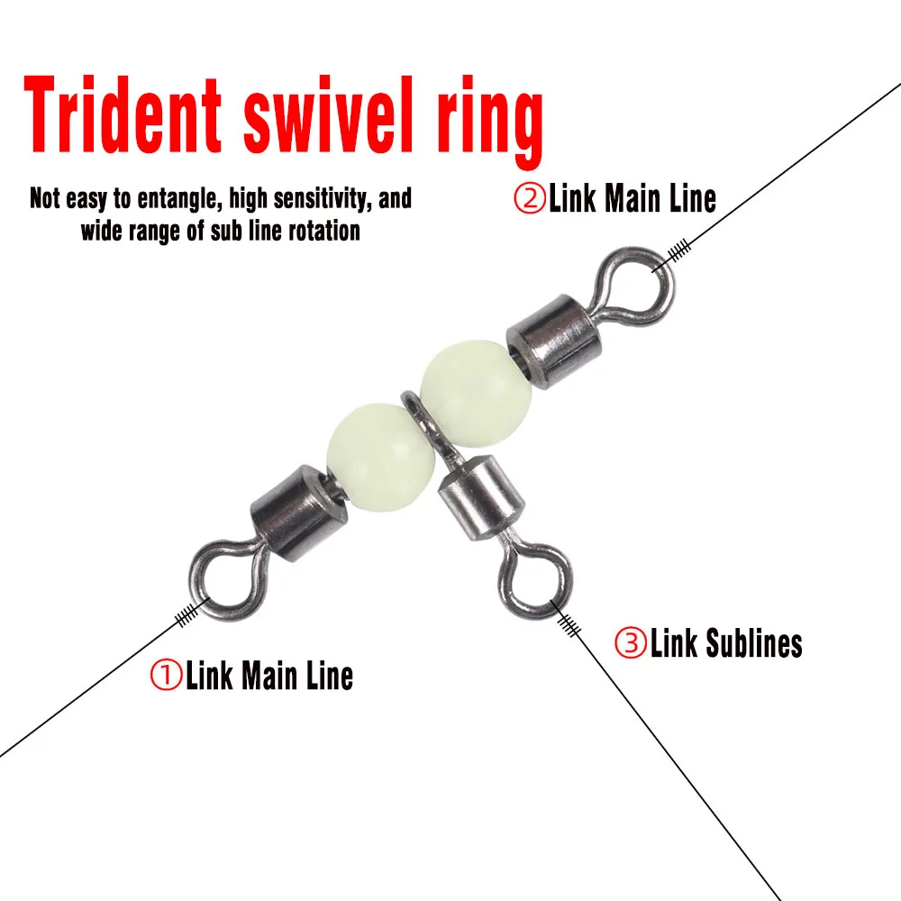 25Pcs Stainless Steel T-Turn 3 Way Fishing Connector Rolling Swivel Fishing Tackle Connector Luminous beads attract fish MNFT