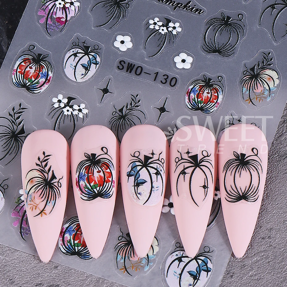 2pcs Cartoon Autumn Pumpkin Nail Stickers 3D Maple Leaf Petals Adhesive Nail Decals Sliders DIY Thanksgiving Day Manicure Decor