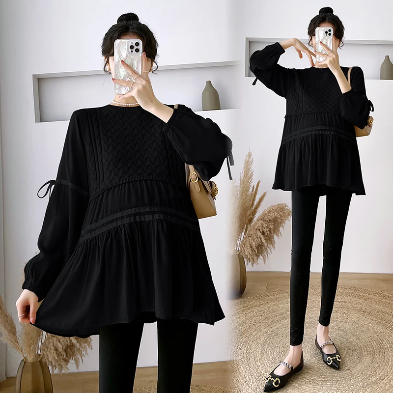 532# Autumn Winter Fashion Patchwork Knitted Maternity Blouses Loose Shirts Clothes for Pregnant Women Cute Pregnancy Tops maternity tops