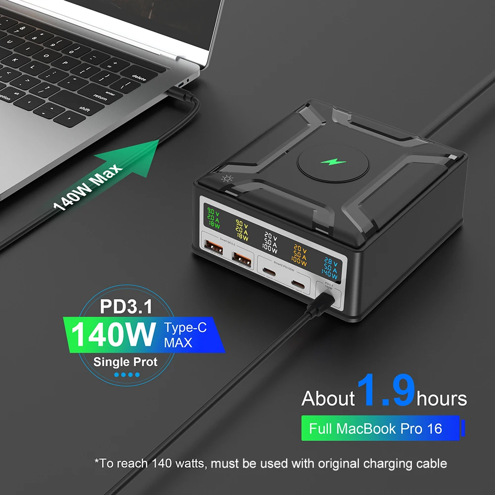 Ubigbuy 260W USB C Desktop Charger 5-Port USB Plus 1 Wireless Charge Port, 140W PD3.1 Fast Charging Station with LED Display