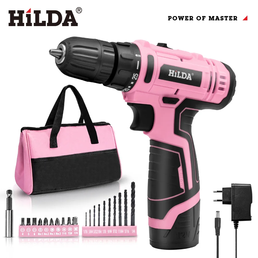 

Cordless Lithium-ion Drill Driver Set Home Maintenance Tool Kit House Repairing Tool with 12 Storage Bag Pink 12V 14 Pcs Set