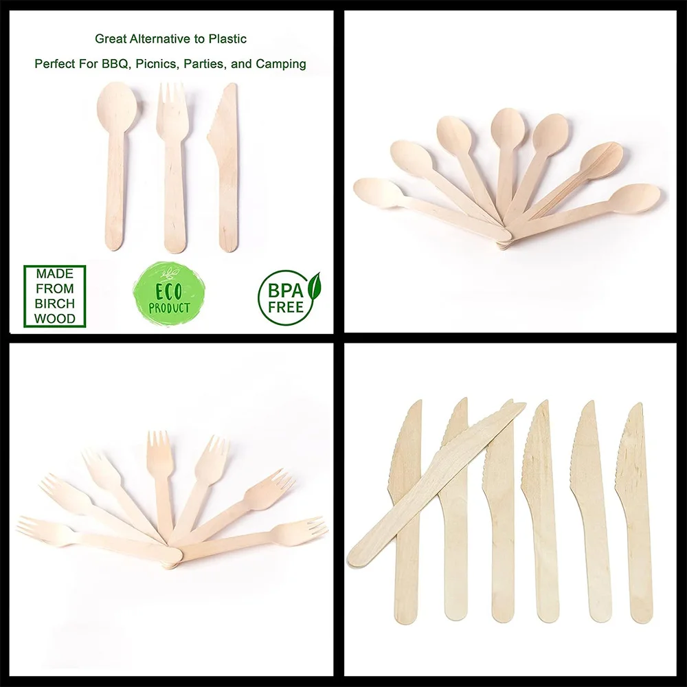 10-450Pc Disposable Wooden Spoon Fork Knife Cutlery Set Birthday Wedding Picnic Party Tableware Decoration Supplies Dessert Cake