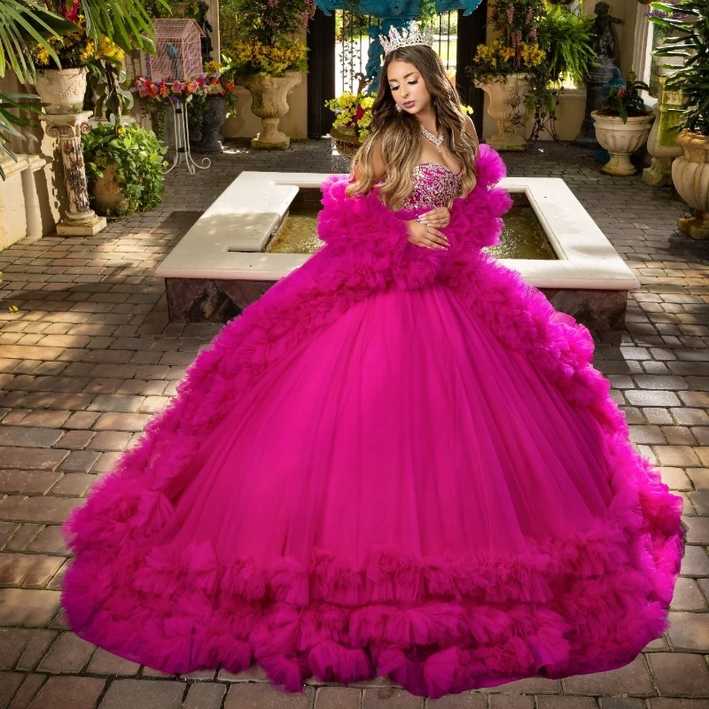 

Rose Red Sweetheart Quinceanera Dress Ball Gown Beading Crystal Tull Tiered Formal Prom Dress For Sweet 16 Girl Robes vestidos