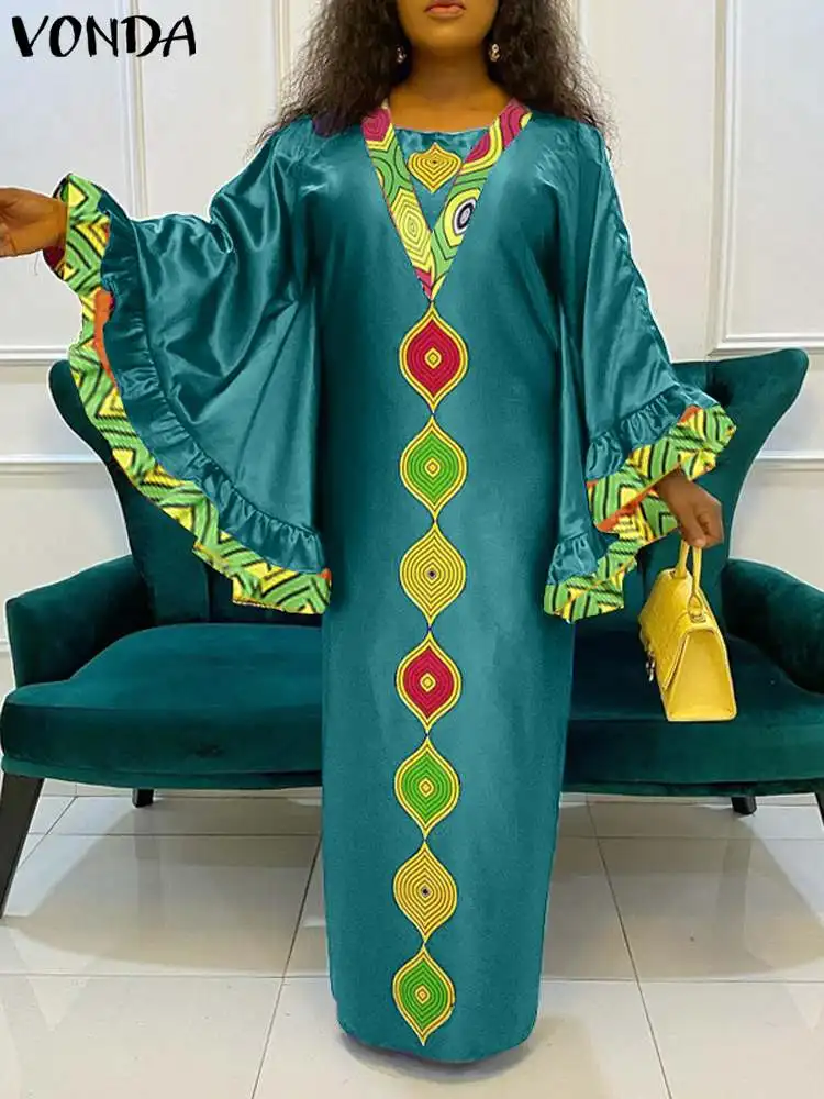 

VONDA 2024 Summer Maxi Dress Bohemian Women Square Collar Flare Sleeve Party Dress Printed Patchwork Sundress Casual Robe Femme