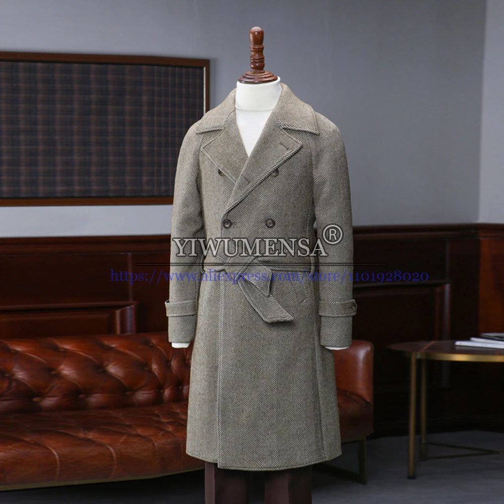 

Herringbone Formal Suits Jacket Men Double Breasted Overcoat Slim Fit Brown Tweed Wollen Winter Trench Coat Long Grooms Outwear