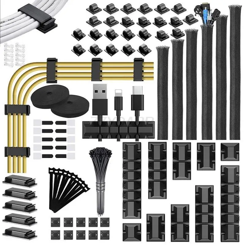 Comprehensive Cable Management Organizer Kit with Holders, Sleeves, Clips, and Straps