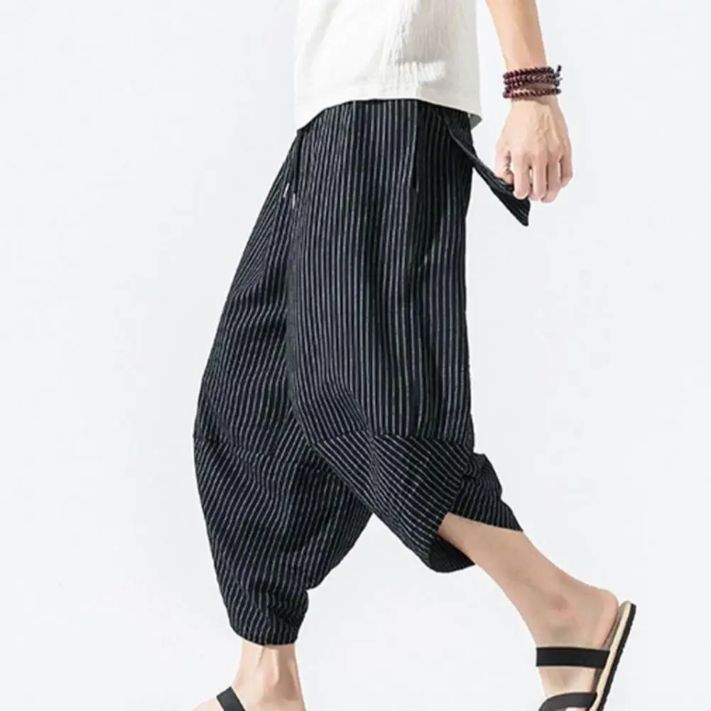 Description Picture 6 of itemMen Summer Cropped Pants Elastic Drawstring Waist Carrot Pants Vertical Striped Print Harem Pants Streetwear