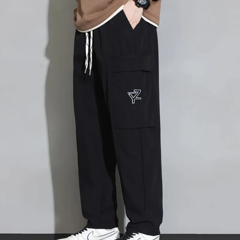 Spring Autumn Men's Clothing Solid Color Pockets High Waist Elastic Drawstring Cargo Bloomers Trousers Casual England Pants