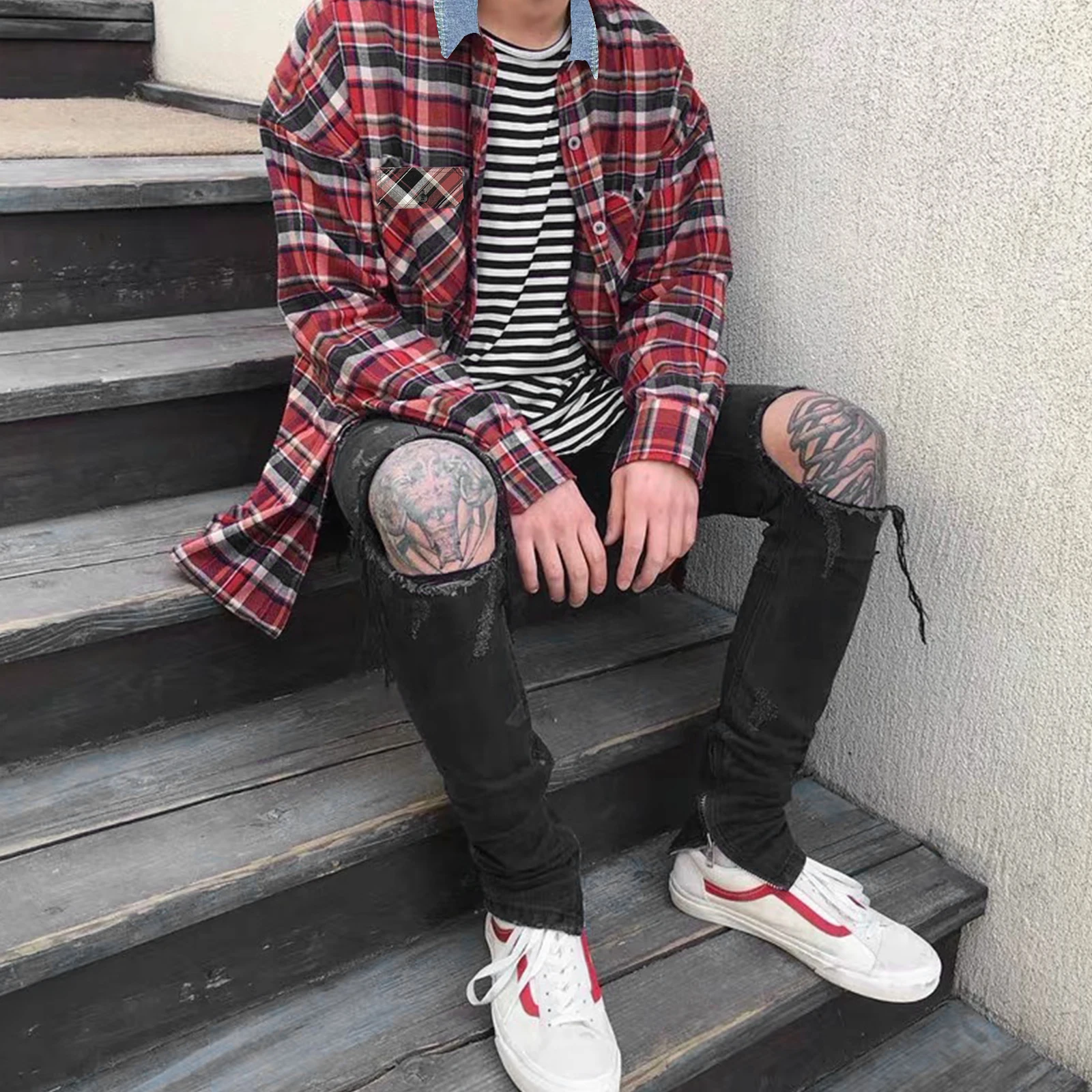 Kanye Vintage Cowboy Collar Plaid Shirt Men Streetwear Urban Oversize Casual Long Sleeve Checkered Shirts Outwear Unisex Clothes