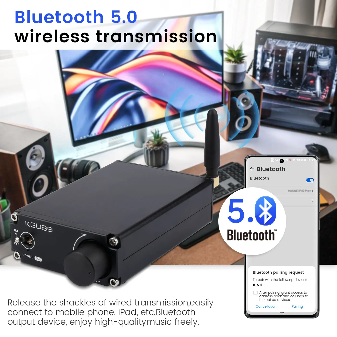 KGUSS D70 MA12070 HIFI 클래스 D 디지털 앰프 Bluetooth 5.0 70W *2 데스크탑 오디오 전력 증폭기