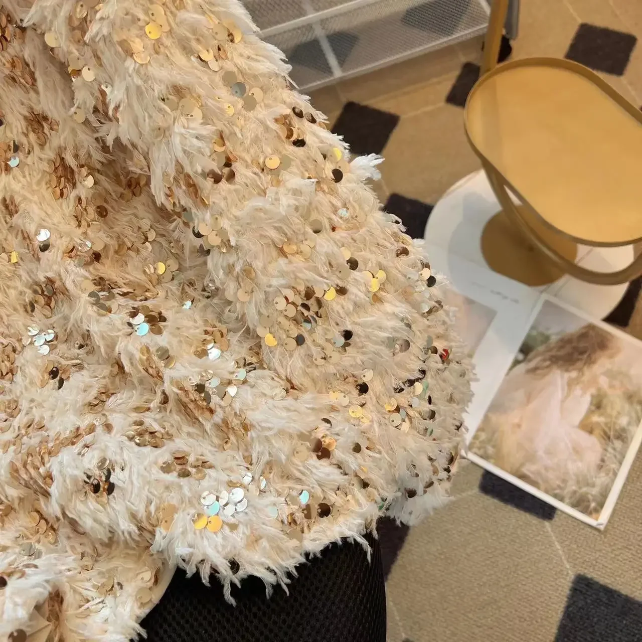 Glittery Sequin Blouse Fluffy Feather Long Sleeve Sequin Plush Jacket Women Shinny Top Christmas Gift New Year Party Luxury Wear 6