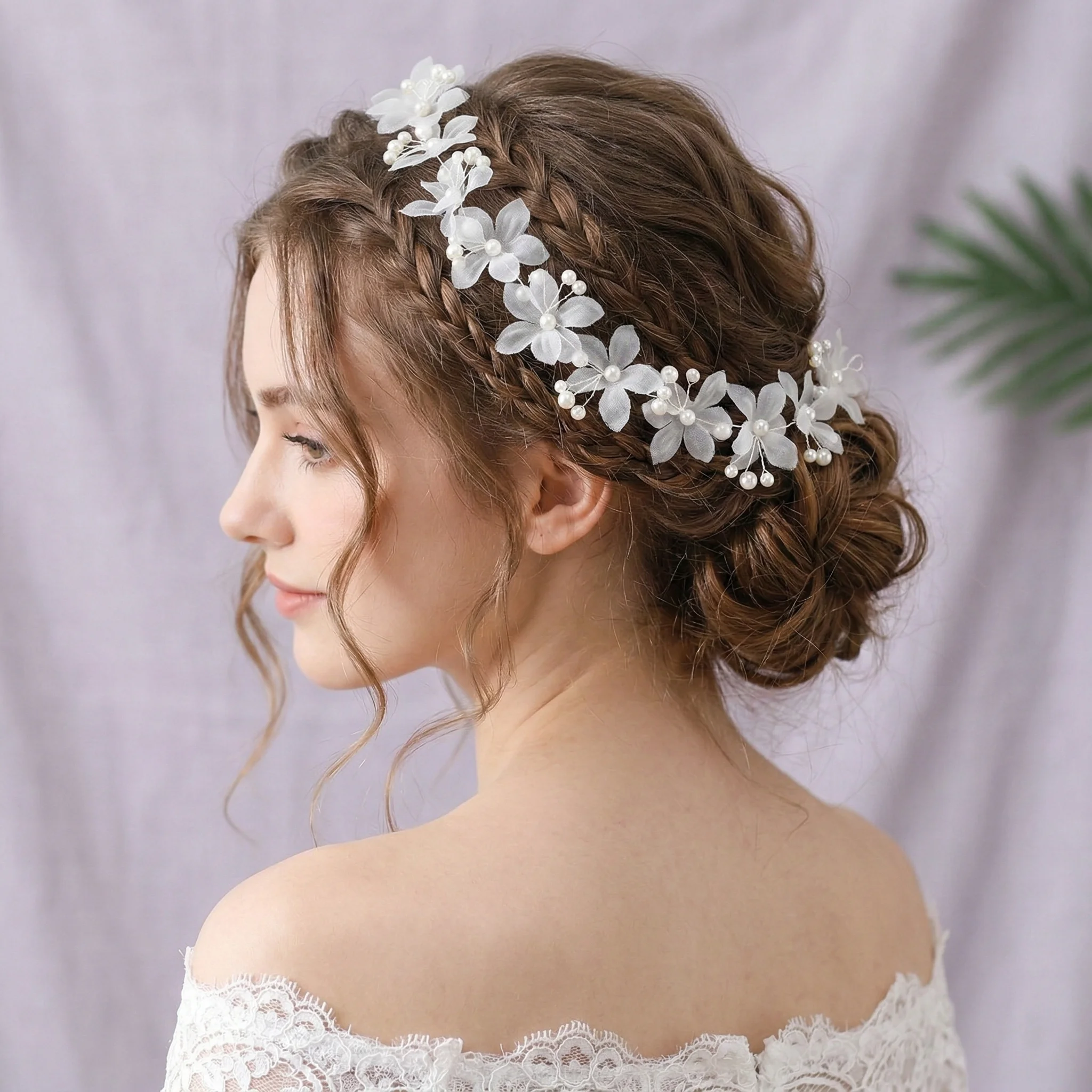 Elegantes Weißes Organza-Blumen Braut-Stirnband Perlen Blumen-Haarkranz Märchenhafter Hochzeits-Haarschmuck Brautjungfern-Party-Kopfschmuck – Detail 2