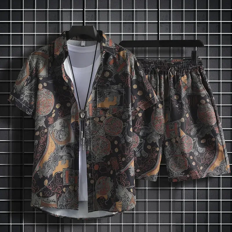 thumbnail image 1 of Conjuntos de hombre Camisas blancas de playa Conjunto coreano de dos piezas Camisetas Pantalones cortos Trajes para hombres Estilo 2024 Ropa 2025 Nuevo en camiseta holgada y holgada, 1 of 5