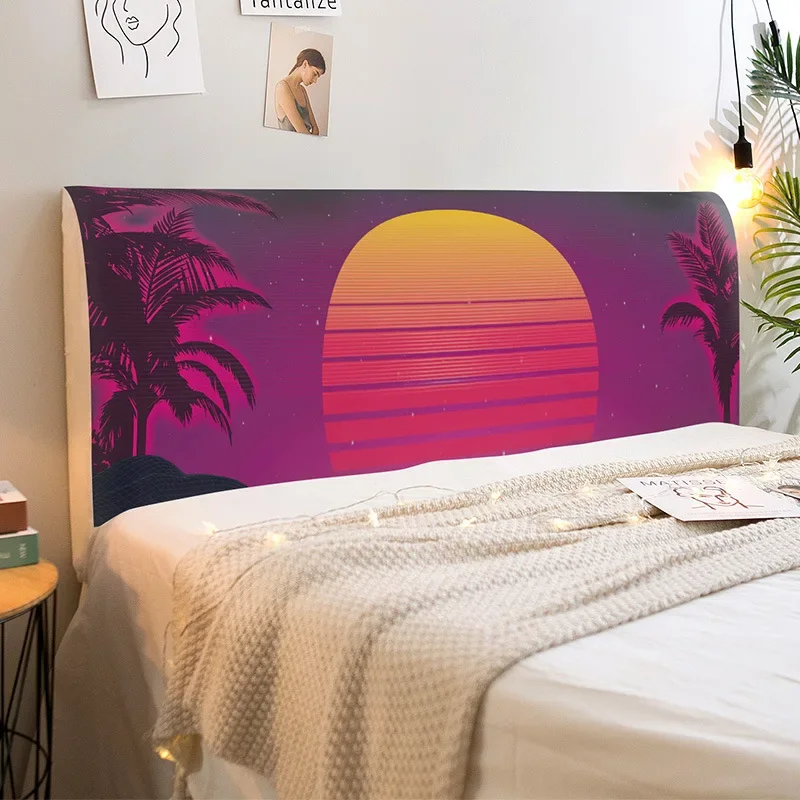 Cartoon Summer Sunset Universal All-inclusive Furniture Bed Head Cover Print Dust-Proof Bedroom Sofa Bed Headboard Slipcover