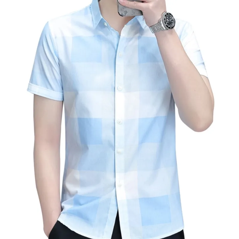 Summer Men Short-sleeved Shirt Korean Version Slim Fashion Handsome Casual Plaid Shirt High Quality Top