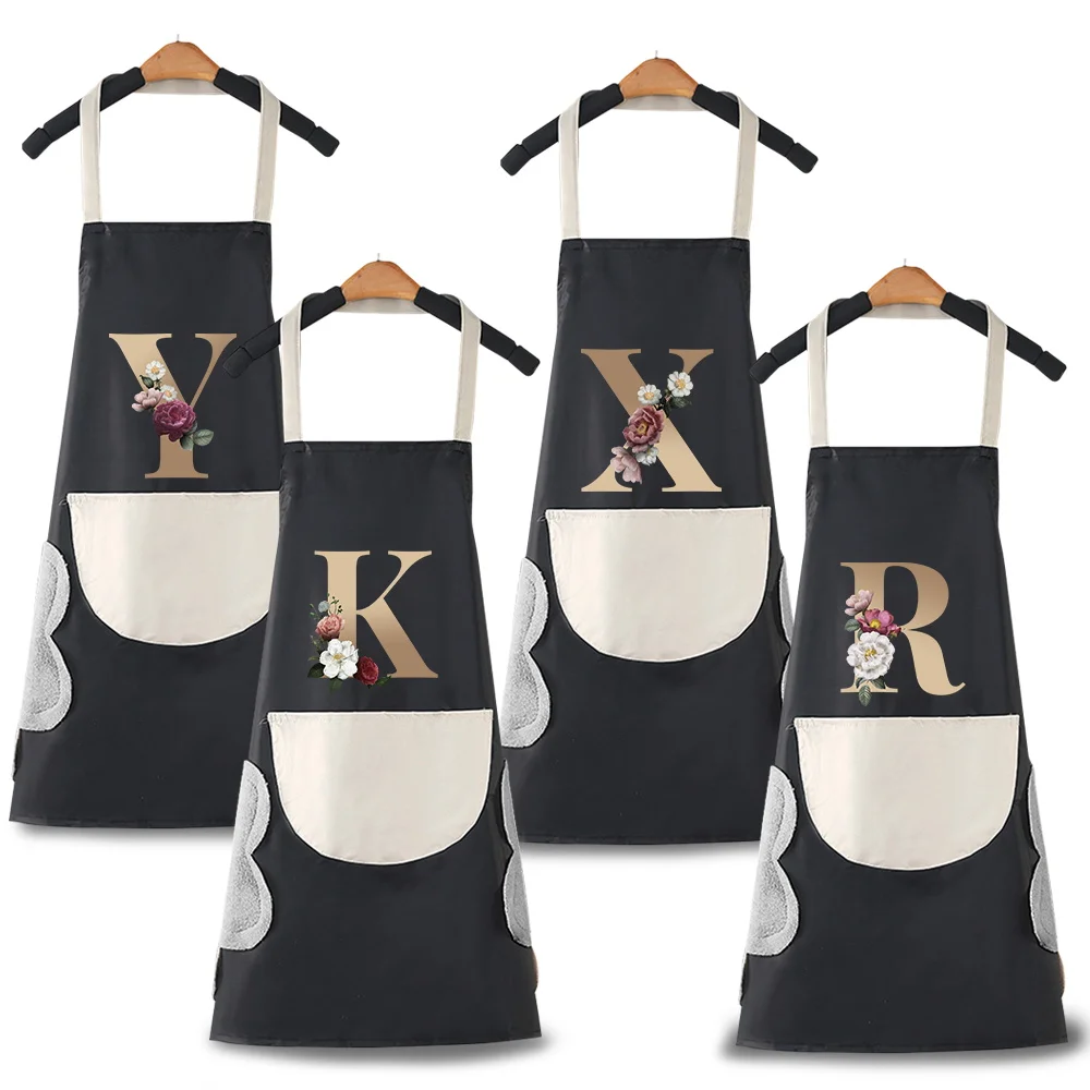 

Fashion Kitchen Apron Women Household Cleaning Waterproof Pinafore Cooking Baking BIb Gold Letter Pattern Cafes Studios Uniform