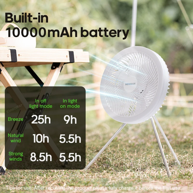 New 10000mA Large Size Outdoor Camping Fan High Wind Power Silent Circulator Fan with Remote Control Ambient Light Charge Output 2