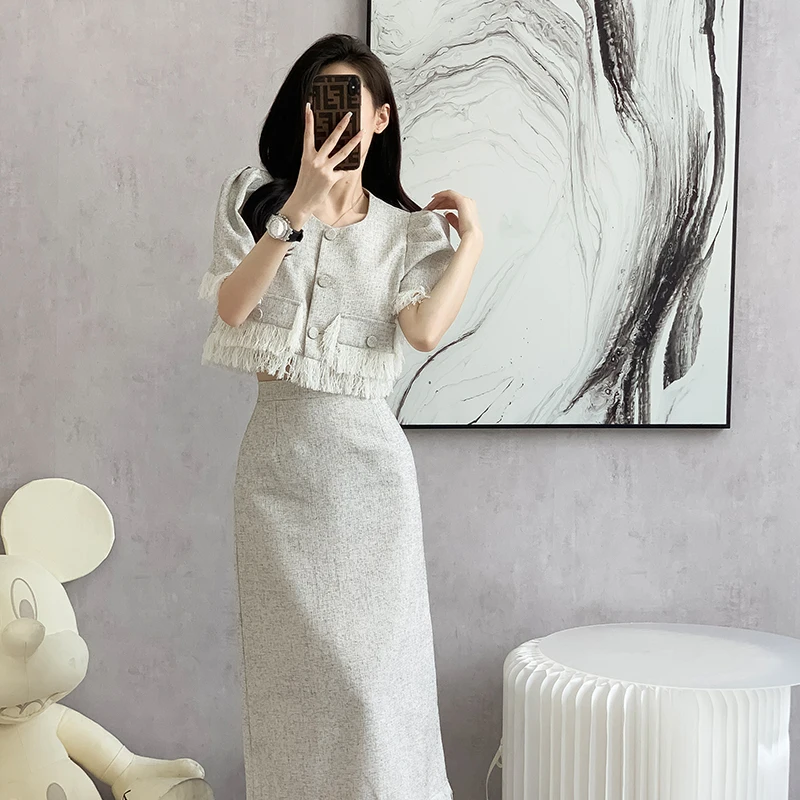 

High Quality Summer Small Fragrance Crop Top Blazer Female Elegant Office Lady Short Jacket+Long Skirt Tassel Two Piece Sets