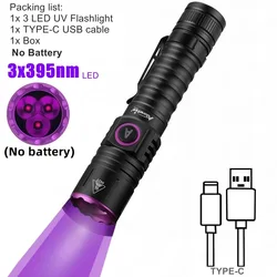High Power USB Rechargeable UV Flashlight with Purple Light (Black)