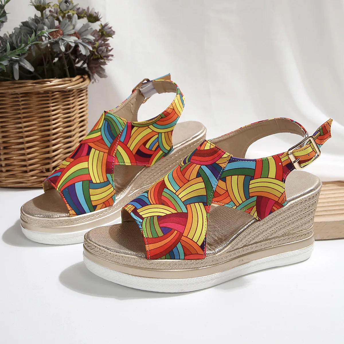 Rainbow Graffiti Wedge Heels Sandals for Women Summer 2025 Peep Toe Platform Sandals Woman Buckle Strap Thick Bottom Beach Shoes