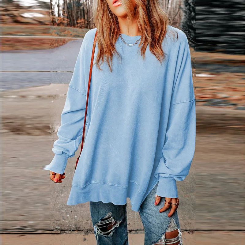Women's Monochromatic Round Neck Pullover, Casual Hoodie Top, Loose Long Sleeve Sweatshirt, Make Old Blouse, Autumn Fashion, New
