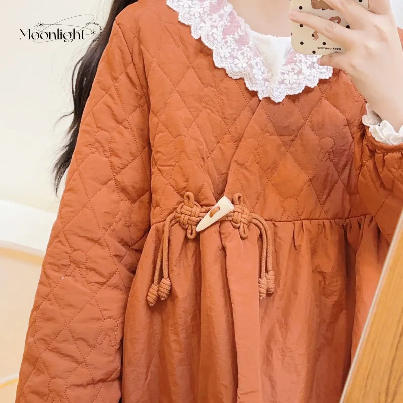 

Mori Girl Sweet Cotton-padded Oversize Jacket Lace-Up Doll V Neck Coats Women Winter Puffer Jacket Argyle Plaid Coat Retro Parka