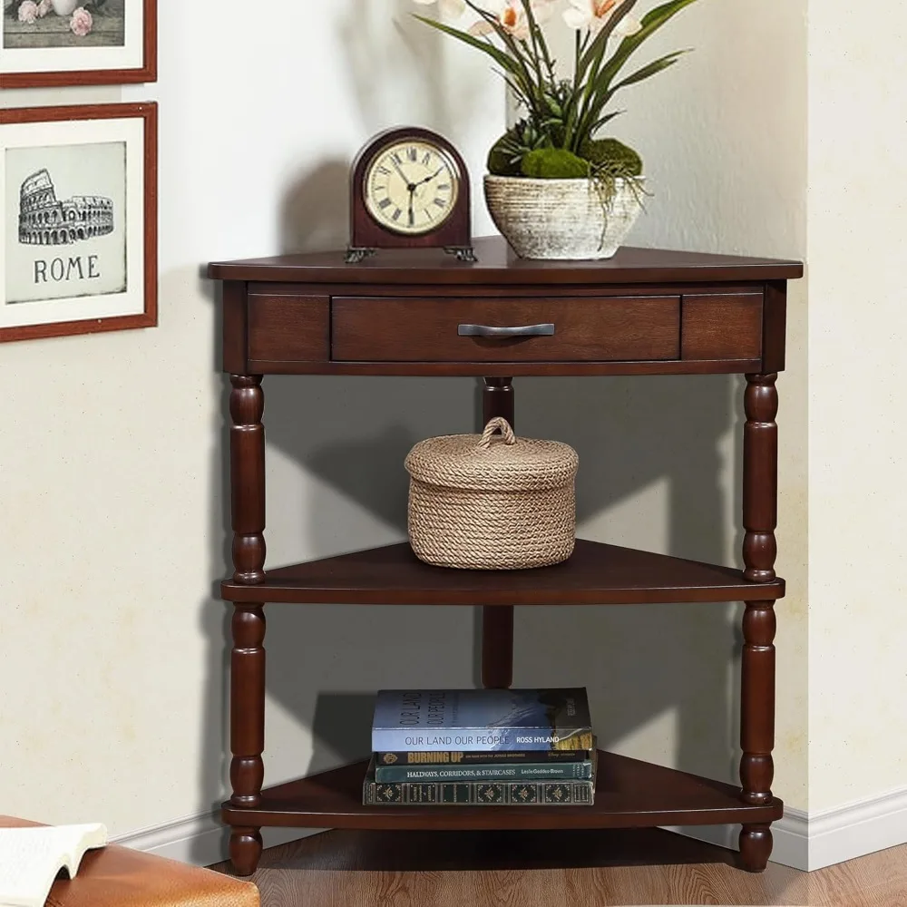 Small corner table for small Spaces, 33.8 "wooden triangular side table with drawers and 2 open shelves 3