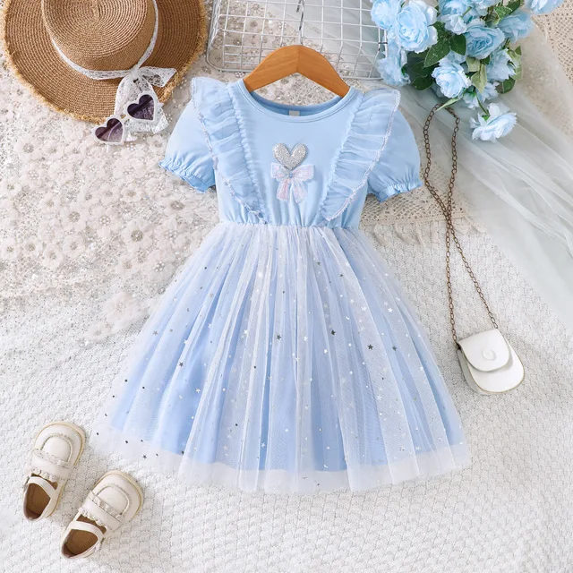 Robe en maille bleue pour petites filles, avec nœud en cœur et paillettes étoiles, robe de princesse quotidienne de Style doux, nouvelle collection printemps et été 1