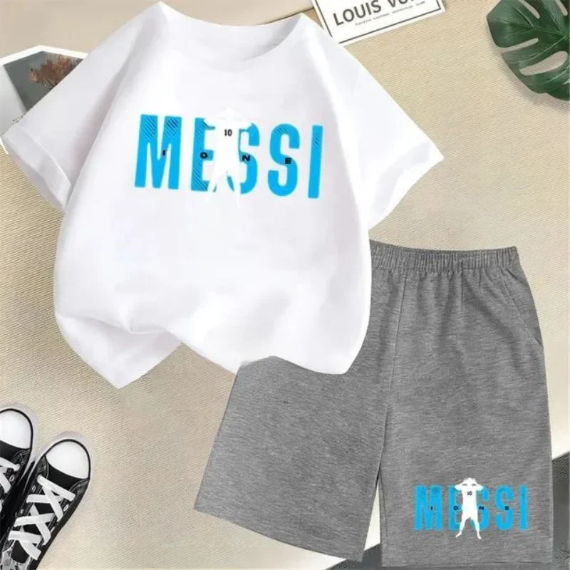 thumbnail image 1 of Nueva camiseta y pantalones cortos con estampado de Messi para niños y adolescentes, conjunto de 2 piezas, ropa de fútbol para niños y niñas, traje deportivo de moda de manga corta de verano, 1 of 5