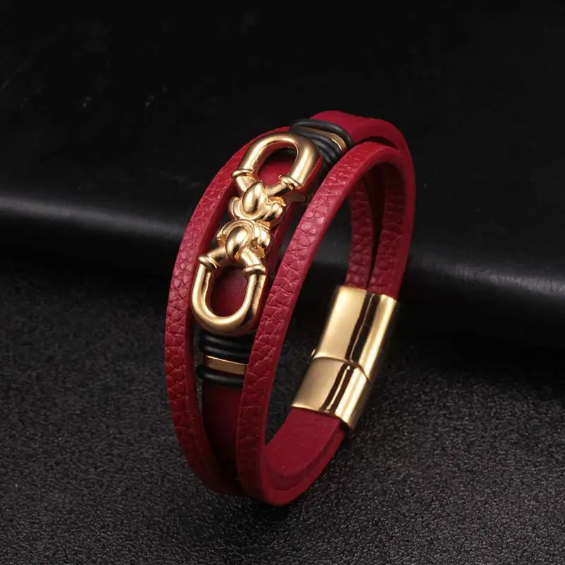 

New Fashion Red Genuine Leather Men Women Chain Link Bracelets Trendy Cross Section Sporty Jewelry Gift Pulsera