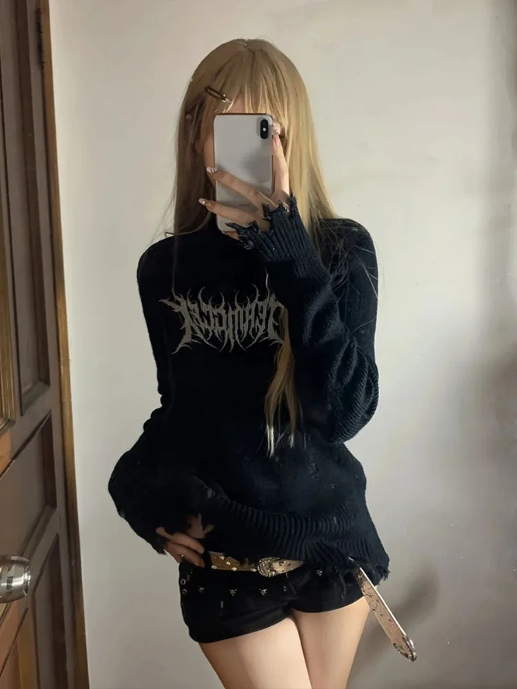 

Fluffy O-neck Pullover Women jacquard 2023 Autumn Black Sweater y2k aesthetic Ripped Knitted Jumper Fashion Vintage Loose Sueter