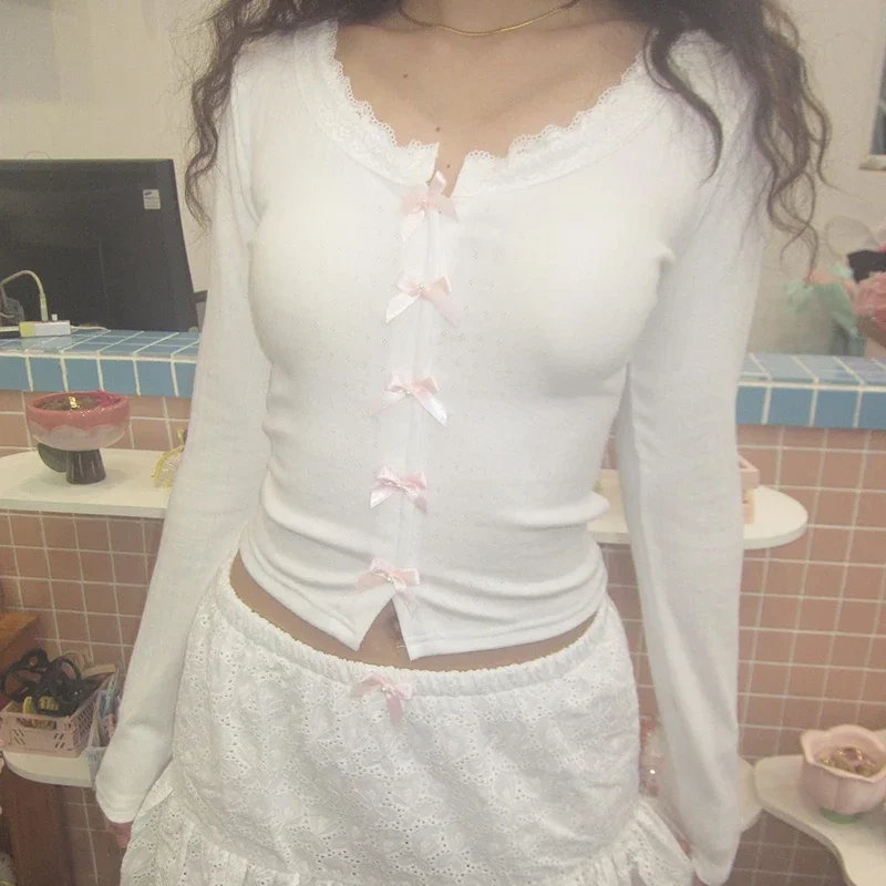 

Kawaii Multi Bow Single-breasted Knitted Top Solid Japanese Lolita Style Cropped Tops Sweet Barbiecore T-shirt y2k Tees