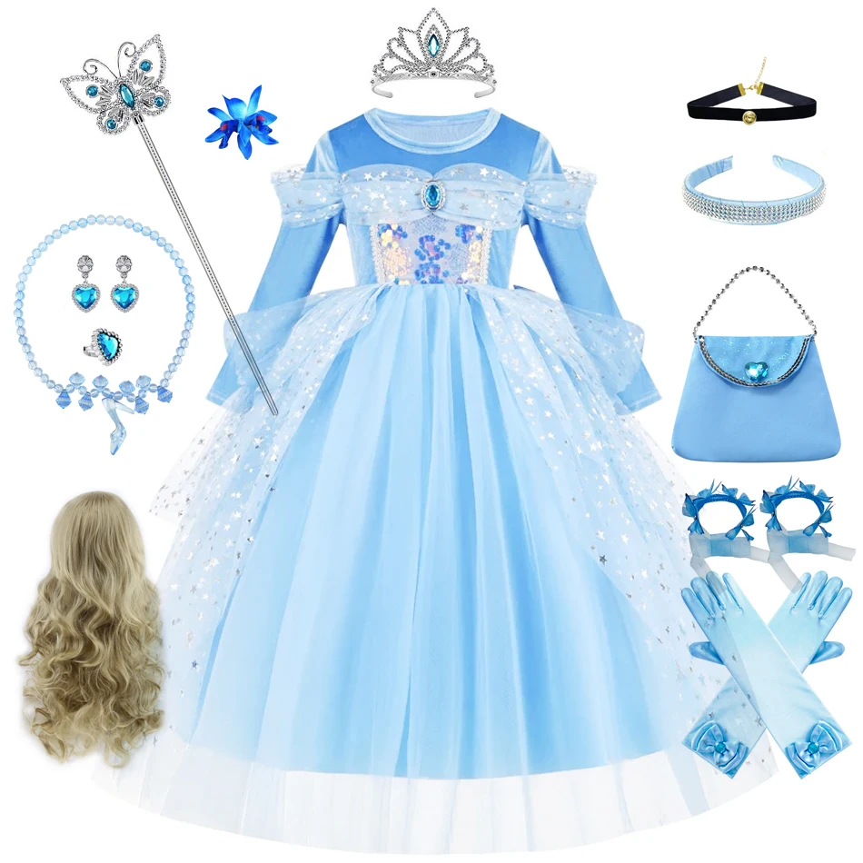 

Girl Cinderella Dress Long Sleeve Princess Cosplay Costume Blue Sequin Children Bithday Surprise Kids Ball Gown