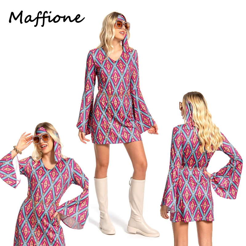 

6Pcs/Set 70s Disco Dress Women Retro Cosplay Costume Outfit Girls Vintage Dance Skirts Sunglasses Set Halloween Carnival Suit