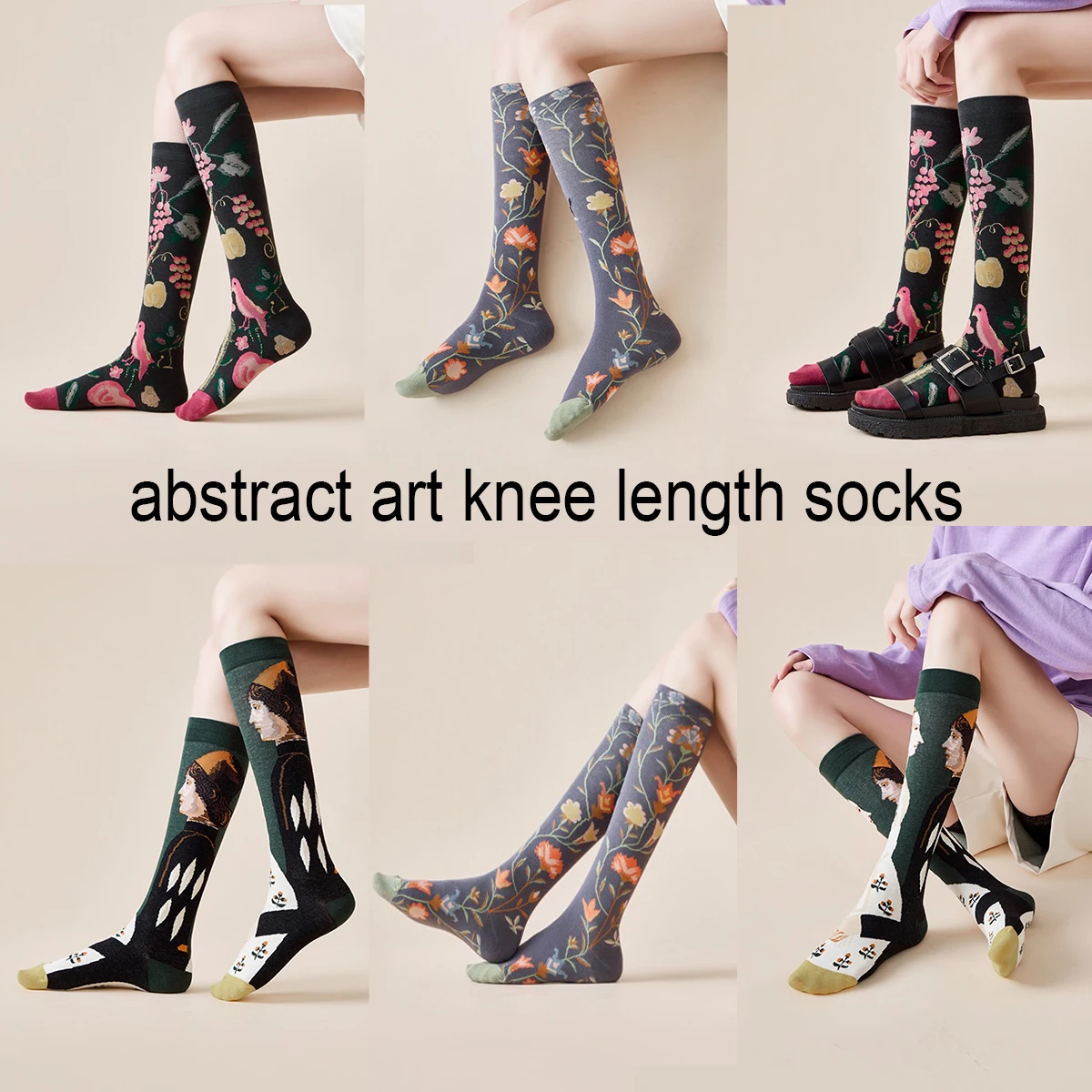 Socks Women's High Tube Calf Knee-length Socks Retro Illustration Art Abstract Street Autumn and Winter Cotton Socks High Sock