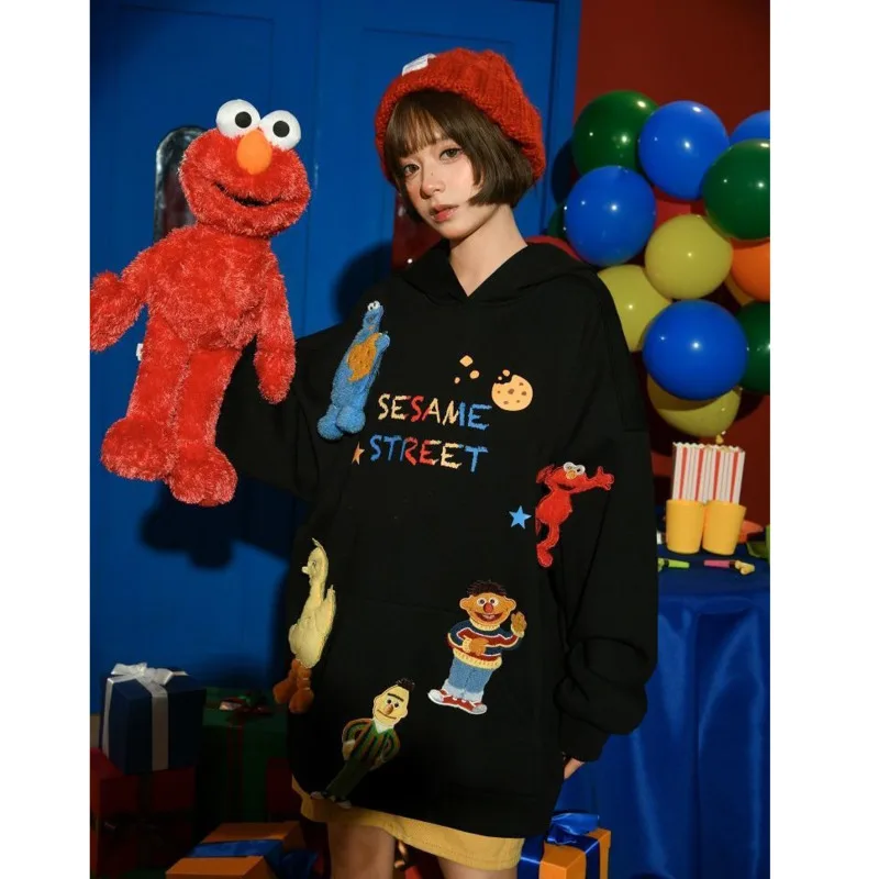 Cartoon Sesames Streets Doll Pullover Korean Fashion Hoodied Shirt High Street Sweatshirt Vintage Oversized Streetwear Outerwear
